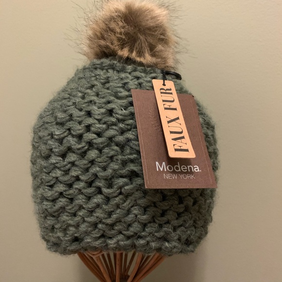 Modena Accessories - Modena Olive Green Knit Hat with Faux Fur Pom